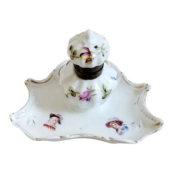 Vtg Hand Painted Porcelain Ink Well and Dish 5" Wide 3 1/2" Tall Floral Design - Picture 8 of 10